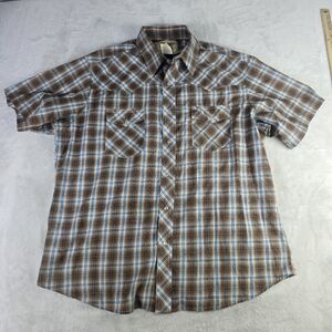 Wrangler Pearl Snap Button Up Short Sleeve Western Plaid Shirt Brown Blue